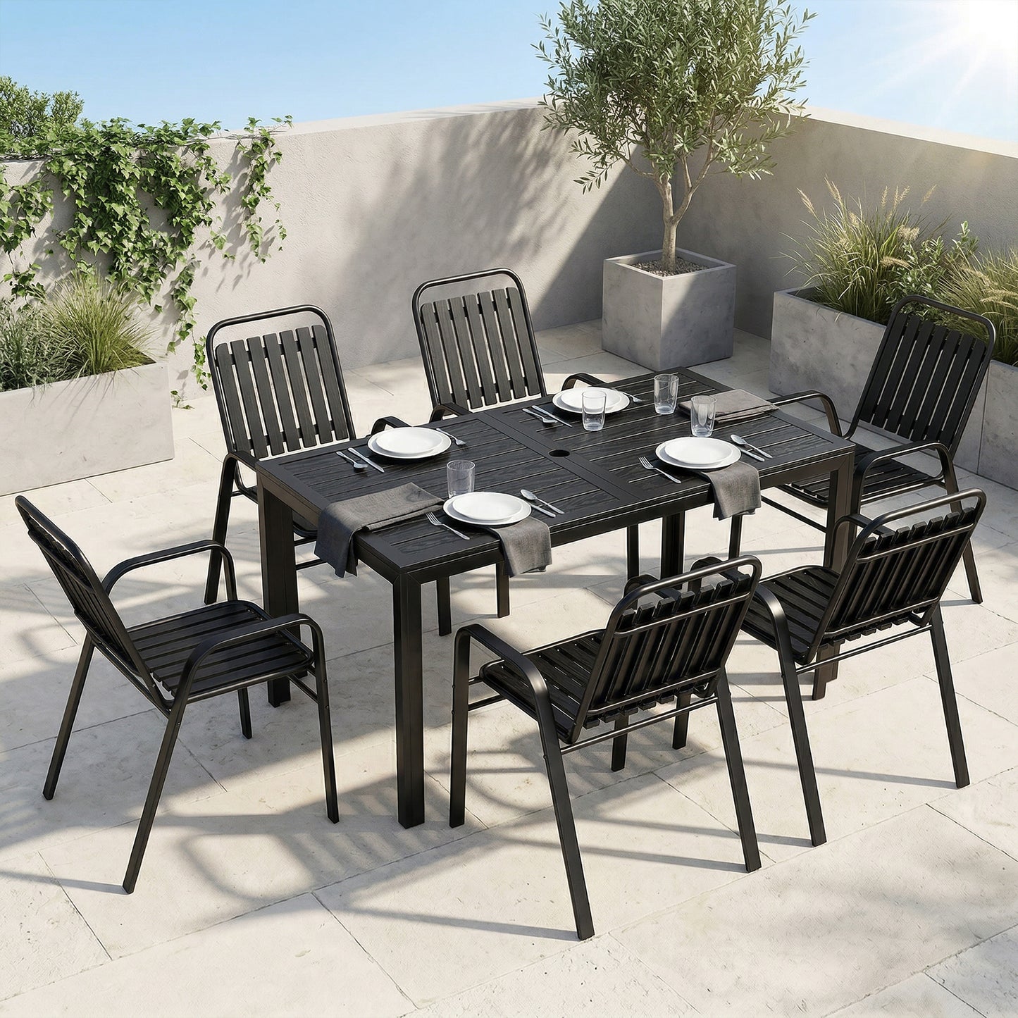 7 Pieces Outdoor Dining Set with Umbrella Hole, Garden Table and Chairs Set for 6 with Metal Table and Stackable Chairs