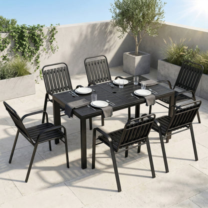 7 Pieces Outdoor Dining Set with Umbrella Hole, Garden Table and Chairs Set for 6 with Metal Table and Stackable Chairs