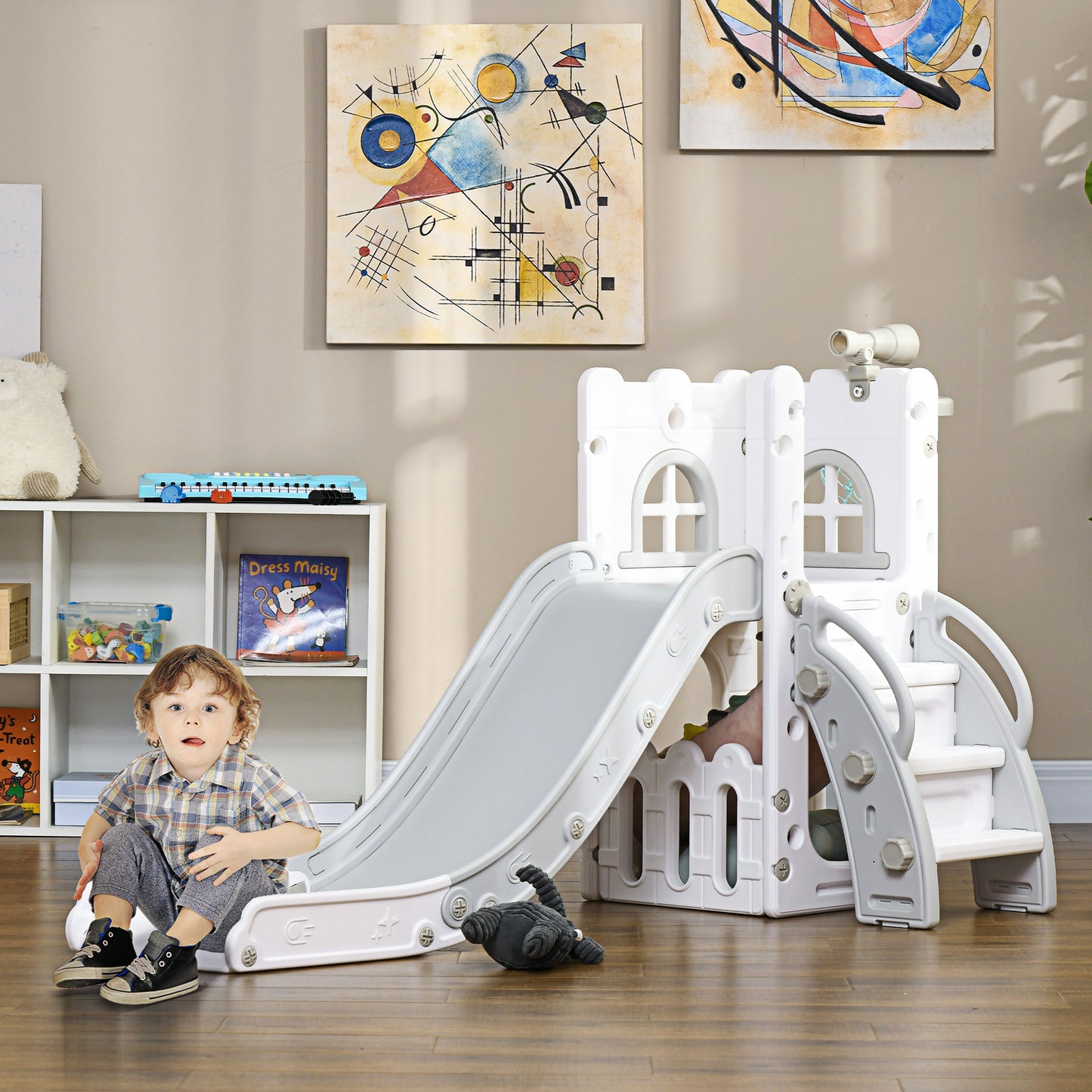 5 in 1 Toddler Slide with Basketball Hoop, Climber, Telescope, Storage Basket, for Ages 1-3 Years, Grey