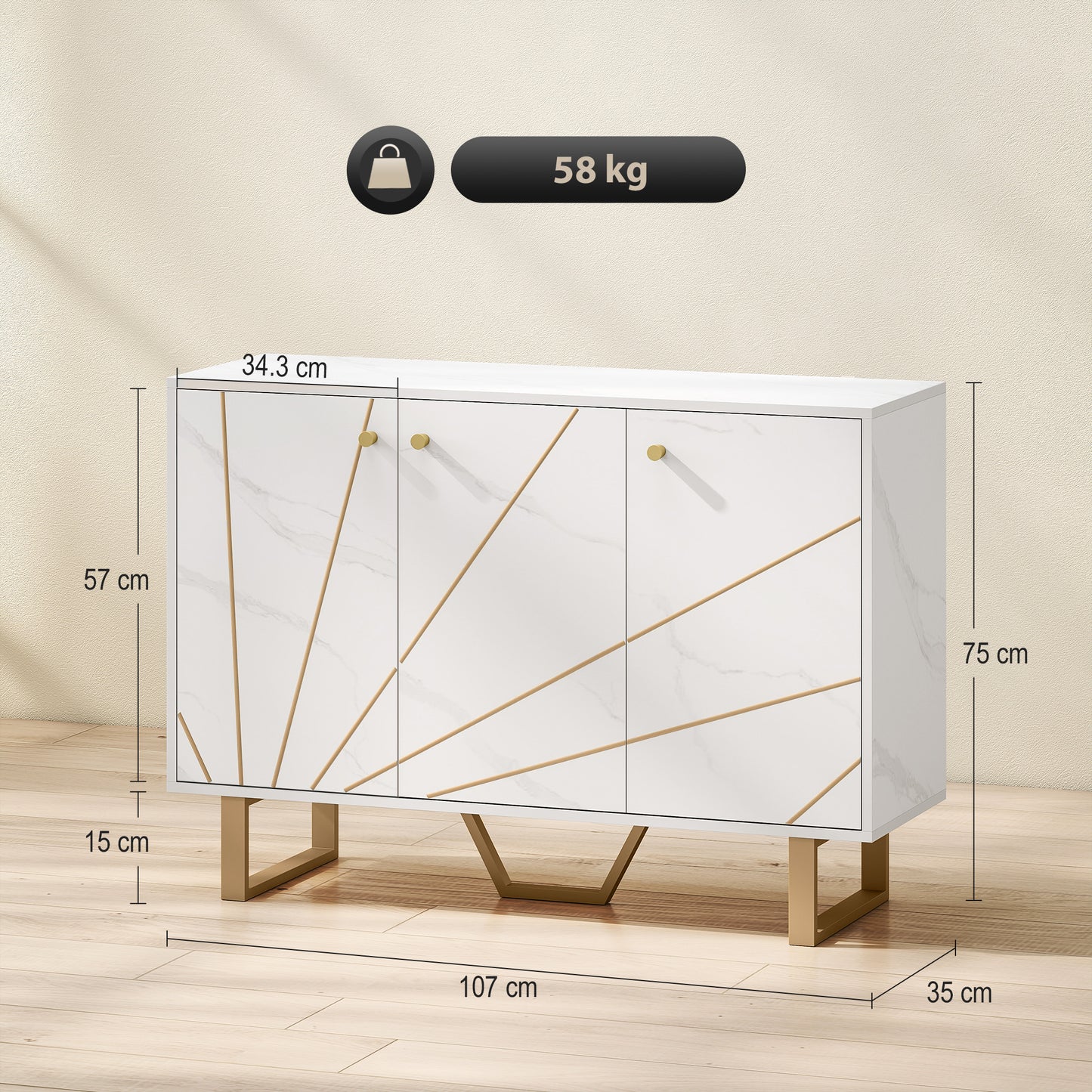 Sideboard Storage Cabinet, Modern Storage Cupboard with Adjustable Shelves and Metal Legs for Living Room, Kitchen