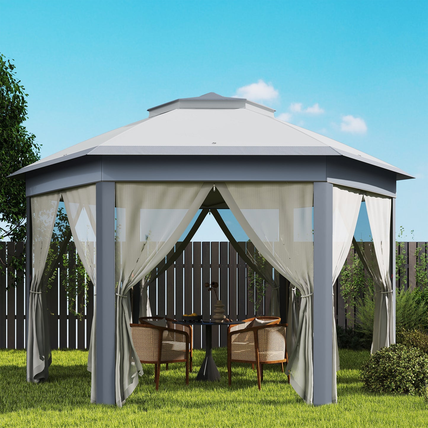 3 x 4m Metal Frame Hexagon Gazebo with UV-resistance Roof and Mesh Curtains - Grey