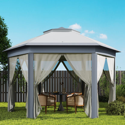 3 x 4m Metal Frame Hexagon Gazebo with UV-resistance Roof and Mesh Curtains - Grey