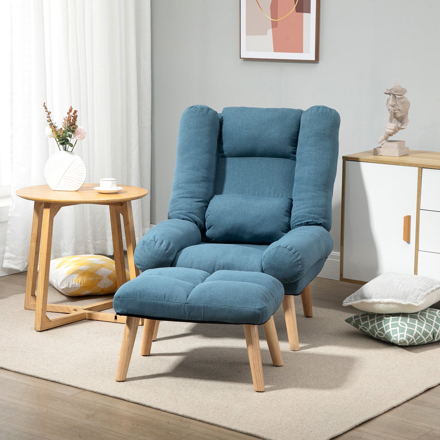 Recliner Chair with Footstool, Recliner Armchair with Adjustable Backrest, Thick Cushion and Wooden Legs, Blue