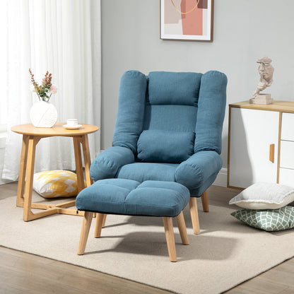 Recliner Chair with Footstool, Recliner Armchair with Adjustable Backrest, Thick Cushion and Wooden Legs, Blue