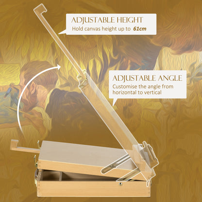 Wooden Table Easel Box Hold Canvas up to 61cm, Adjustable Beechwood Storage Table Box Easel