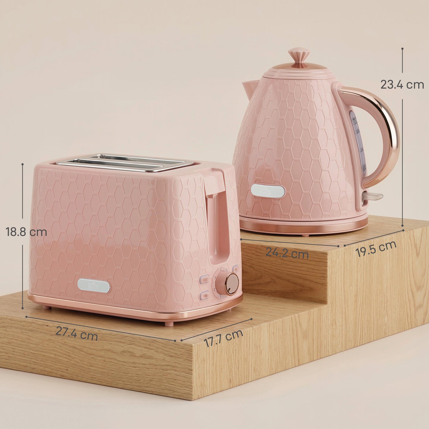 1.7L 3000W Fast Boil Kettle & 2 Slice Toaster Set, Kettle and Toaster Set with Auto Shut Off, Browning Controls, Light Pink