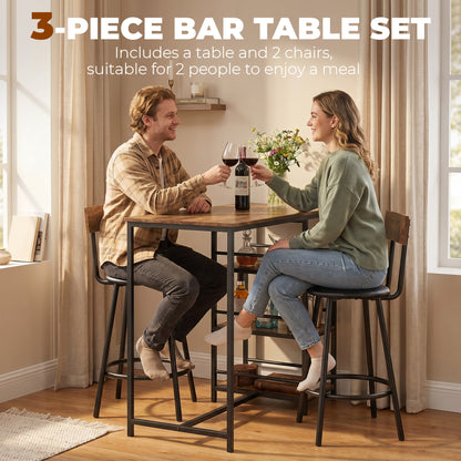 Space Saving Bar Table and PU Leather Stools for 2, 3 Piece Breakfast Bar Table Set with Storage Shelves, Rustic Brown