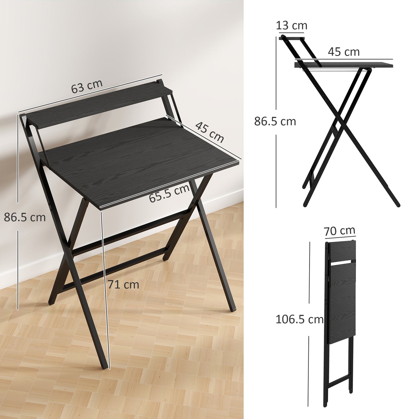 70 cm Folding Computer Desk with Monitor Shelf - Black