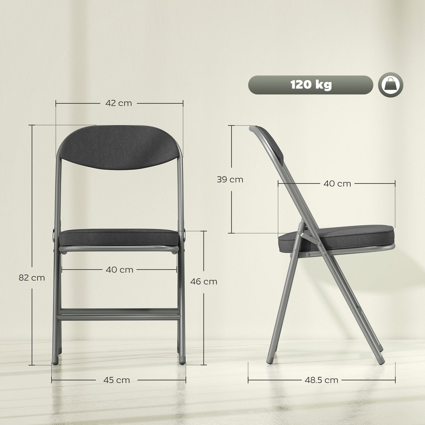 Set of Four Folding Corduroy Seat Chairs - Dark Grey
