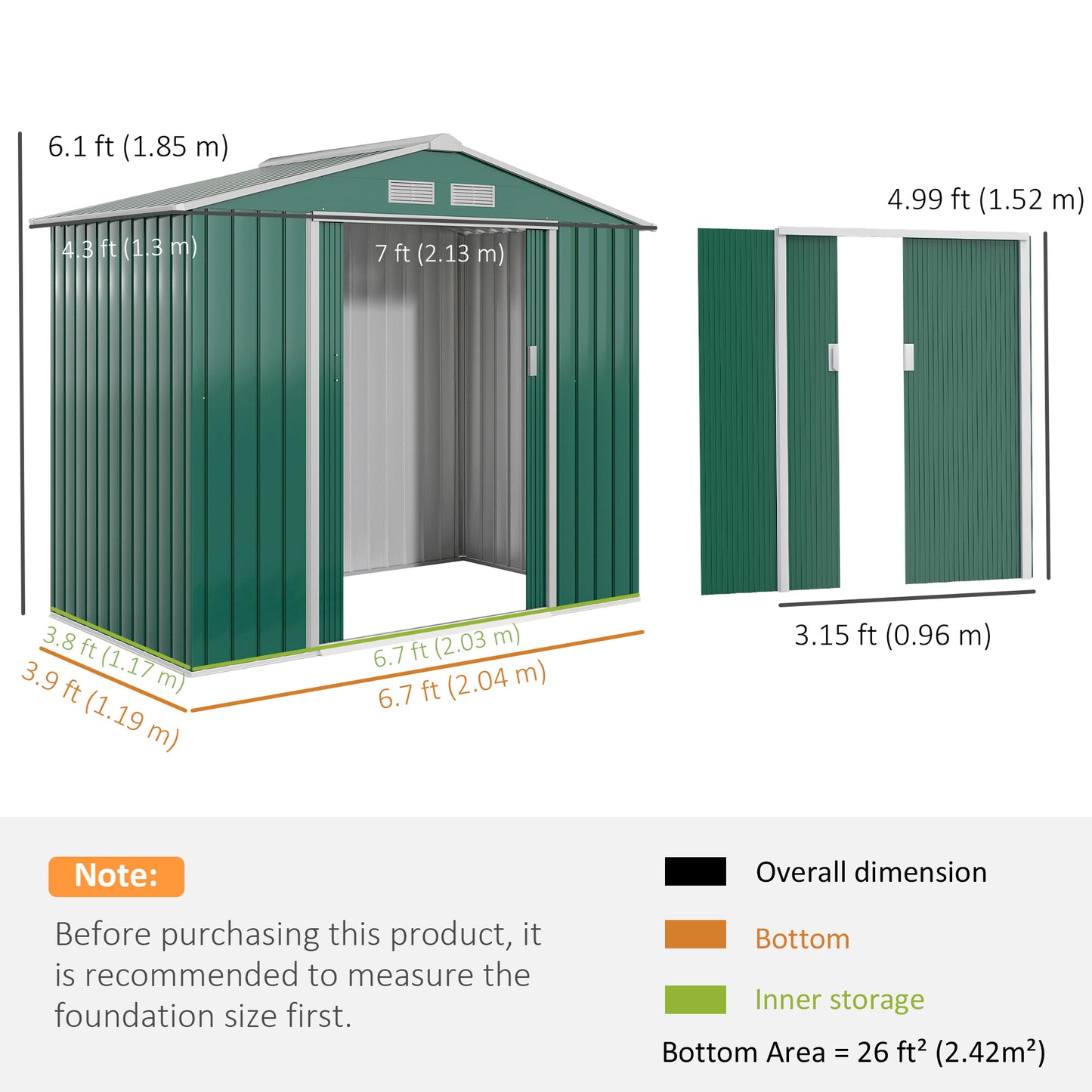 7 x 4ft Metal Garden Shed, Outdoor Storage Tool House with Ventilation Slots, Foundation Kit and Lockable Double Doors, Green