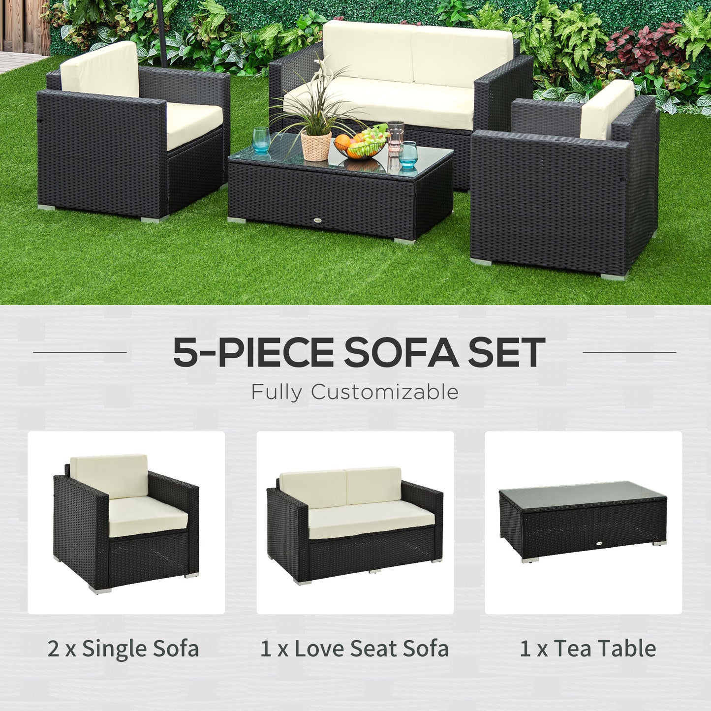 4-Seater Rattan Sofa Set Garden Rattan Furniture Wicker Steel Chair Seat Furniture, Black