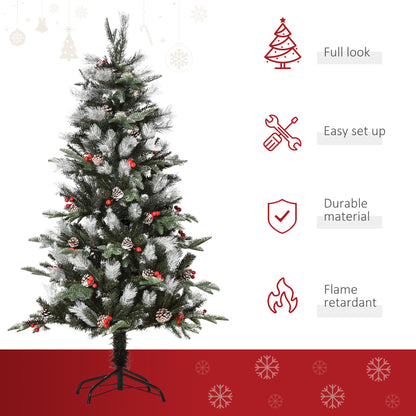 5FT Artificial Snow Dipped Christmas Tree Xmas Pencil Tree Holiday Home Party Decoration with Foldable Feet Red Berries White