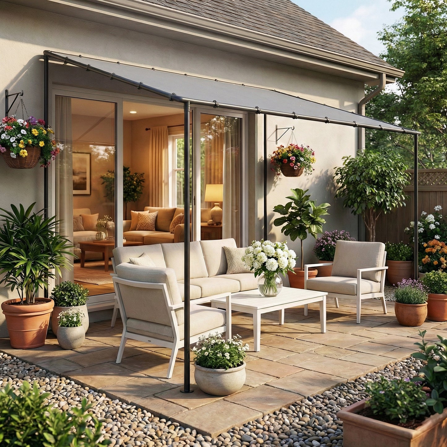 3 x 2 m Lean to Garden Pergola, Metal Frame Gazebo Pergola with UPF30+ Protection, Sloped Roof, Drainage Holes, Grey