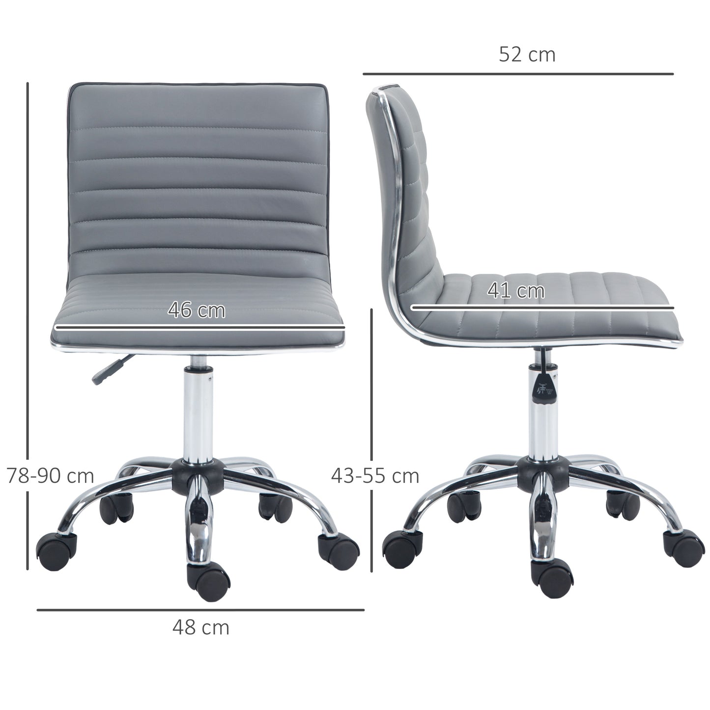 Armless Task Desk Chair, Swivel Office Chair with Faux Leather, Adjustable Seat Height, Chrome Base, Wheels for Home
