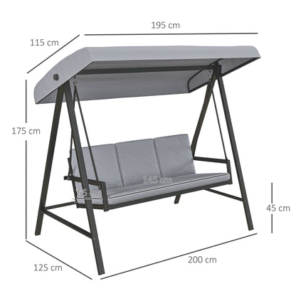 Three-Seat Garden Swing Chair, with Adjustable Canopy - Grey