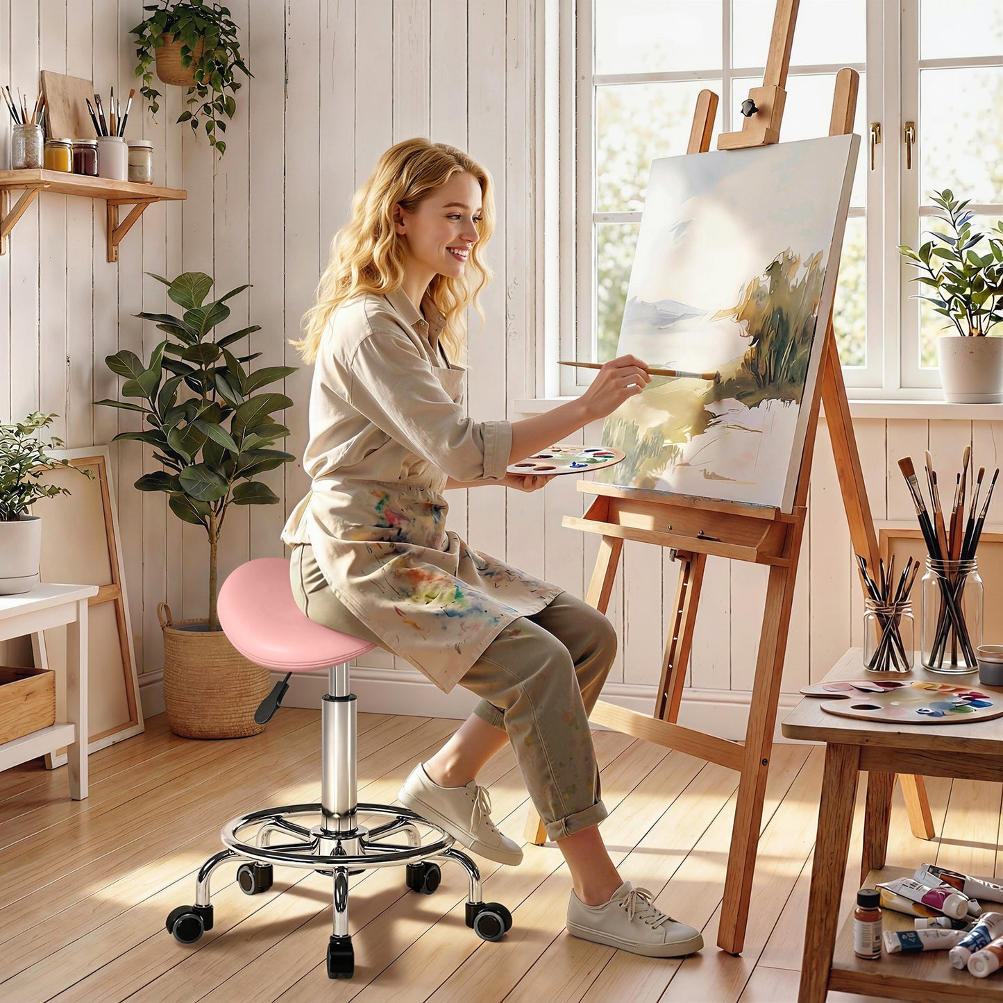 Salon Saddle Stool, Rolling Saddle Chair for Massage, Spa, Clinic, Beauty, Hairdressing and Tattoo, Pink
