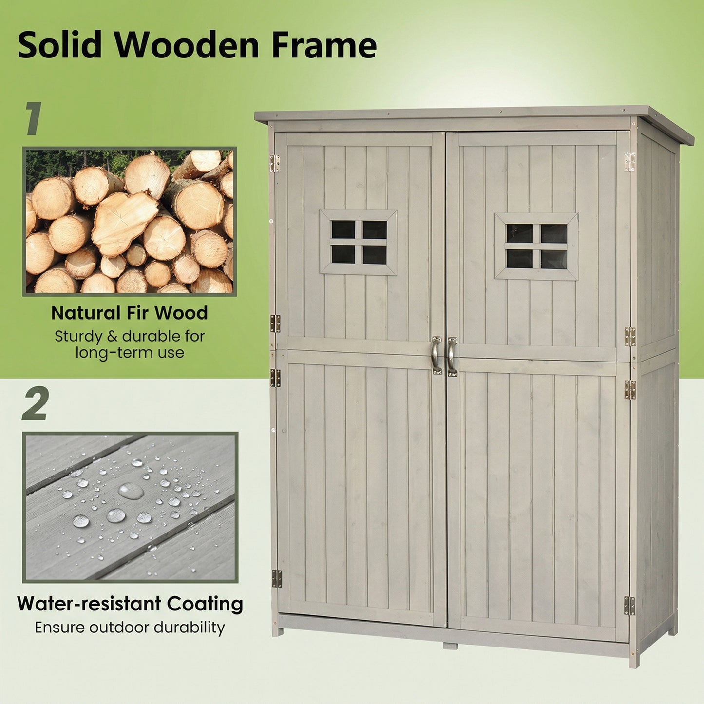 Wooden Garden Shed with Two Windows, Tool Storage Cabinet, Outdoor Double Door Organizer 127.5L x 50W x 164H cm, Grey