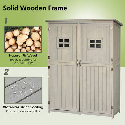 Wooden Garden Shed with Two Windows, Tool Storage Cabinet, Outdoor Double Door Organizer 127.5L x 50W x 164H cm, Grey