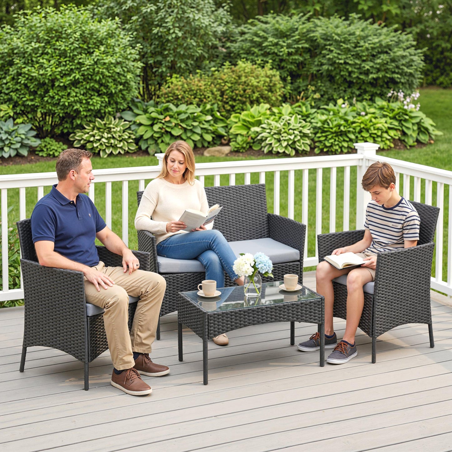 4 Piece Rattan Garden Furniture Sofa Set with Loveseat, Armchairs, Glass-Top Coffee Table and Cushions, Black