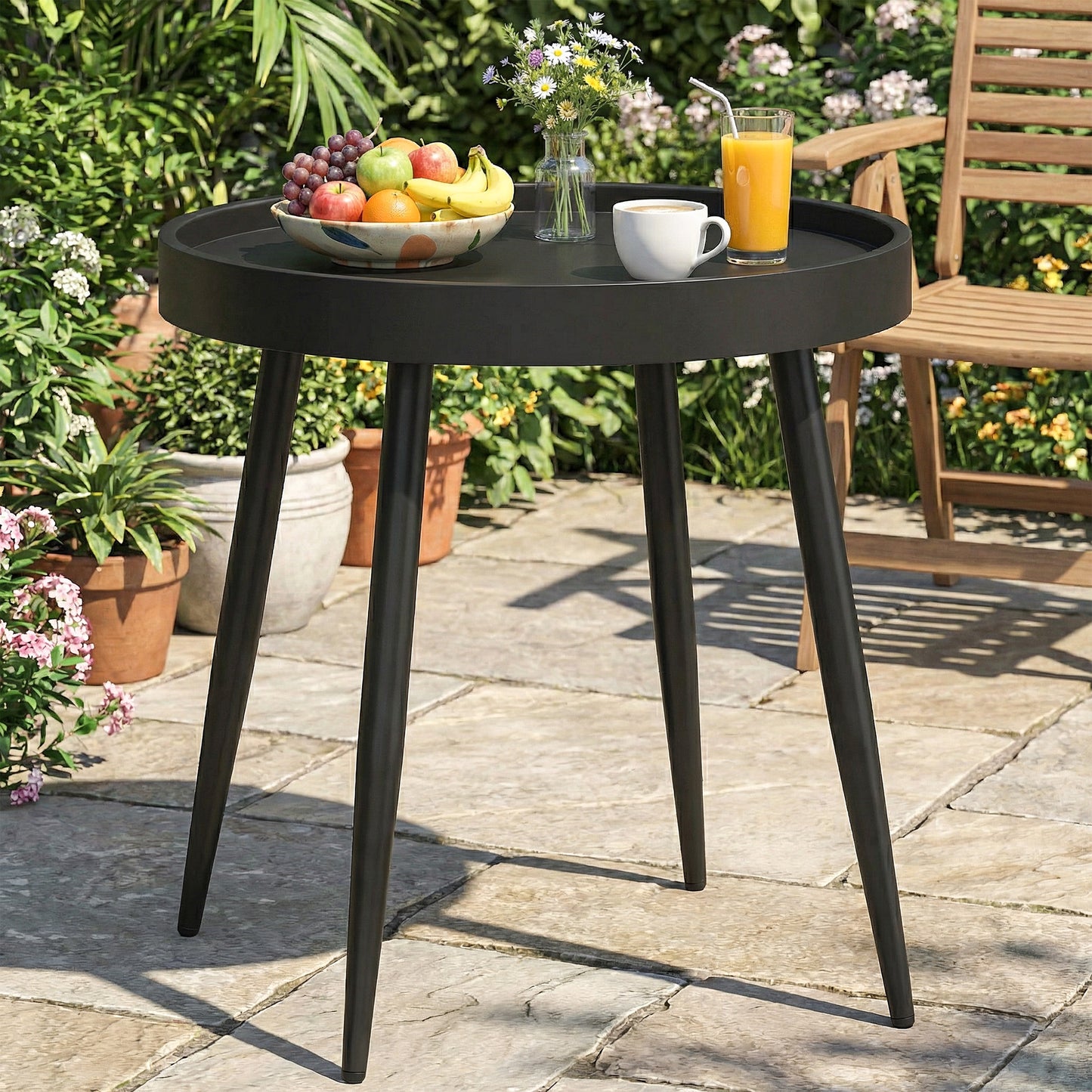 49.5 cm Round Garden Table, Small Outdoor Coffee Side Table with Plastic Tray-Style Top, Metal Legs, Black