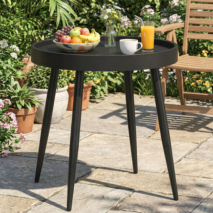 49.5 cm Round Garden Table, Small Outdoor Coffee Side Table with Plastic Tray-Style Top, Metal Legs, Black