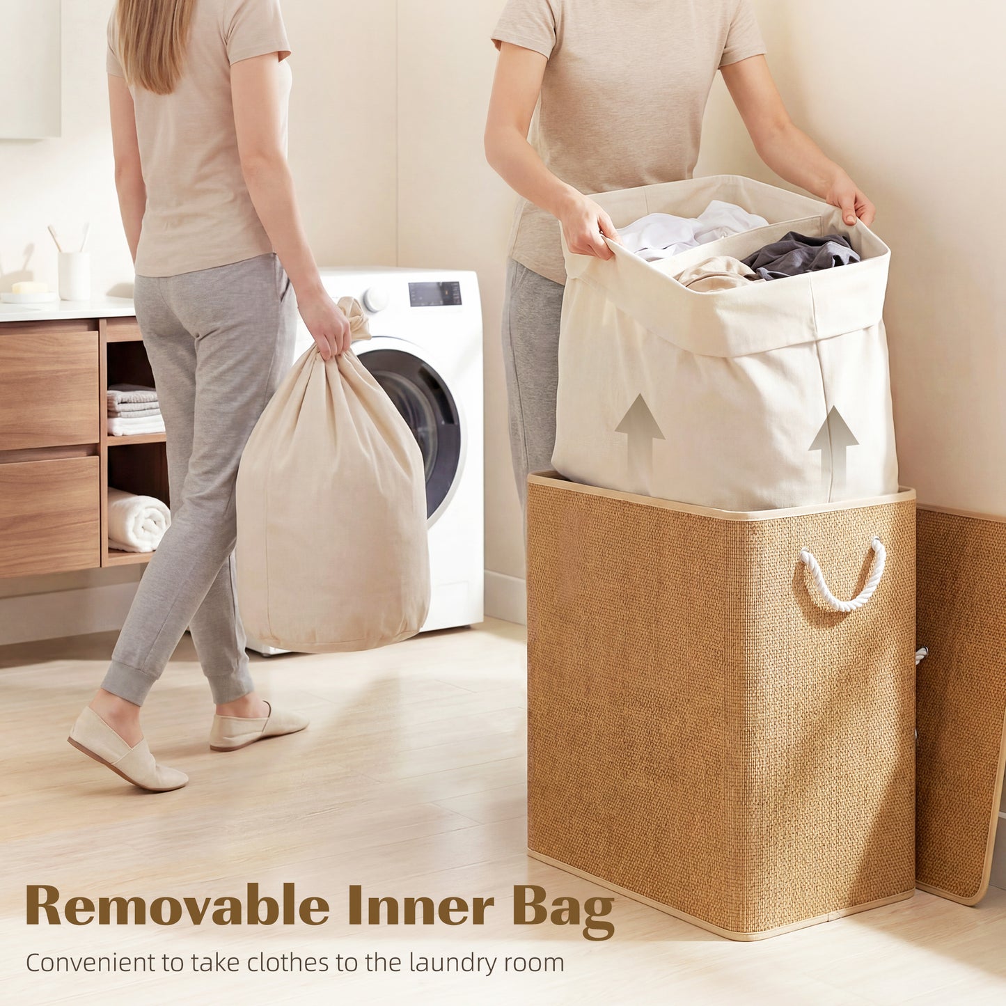 2 Section Laundry Basket with Lid, 100L Bamboo Laundry Hamper with Handles, Removable and Washable Liner, Brown