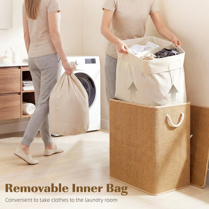 2 Section Laundry Basket with Lid, 100L Bamboo Laundry Hamper with Handles, Removable and Washable Liner, Brown