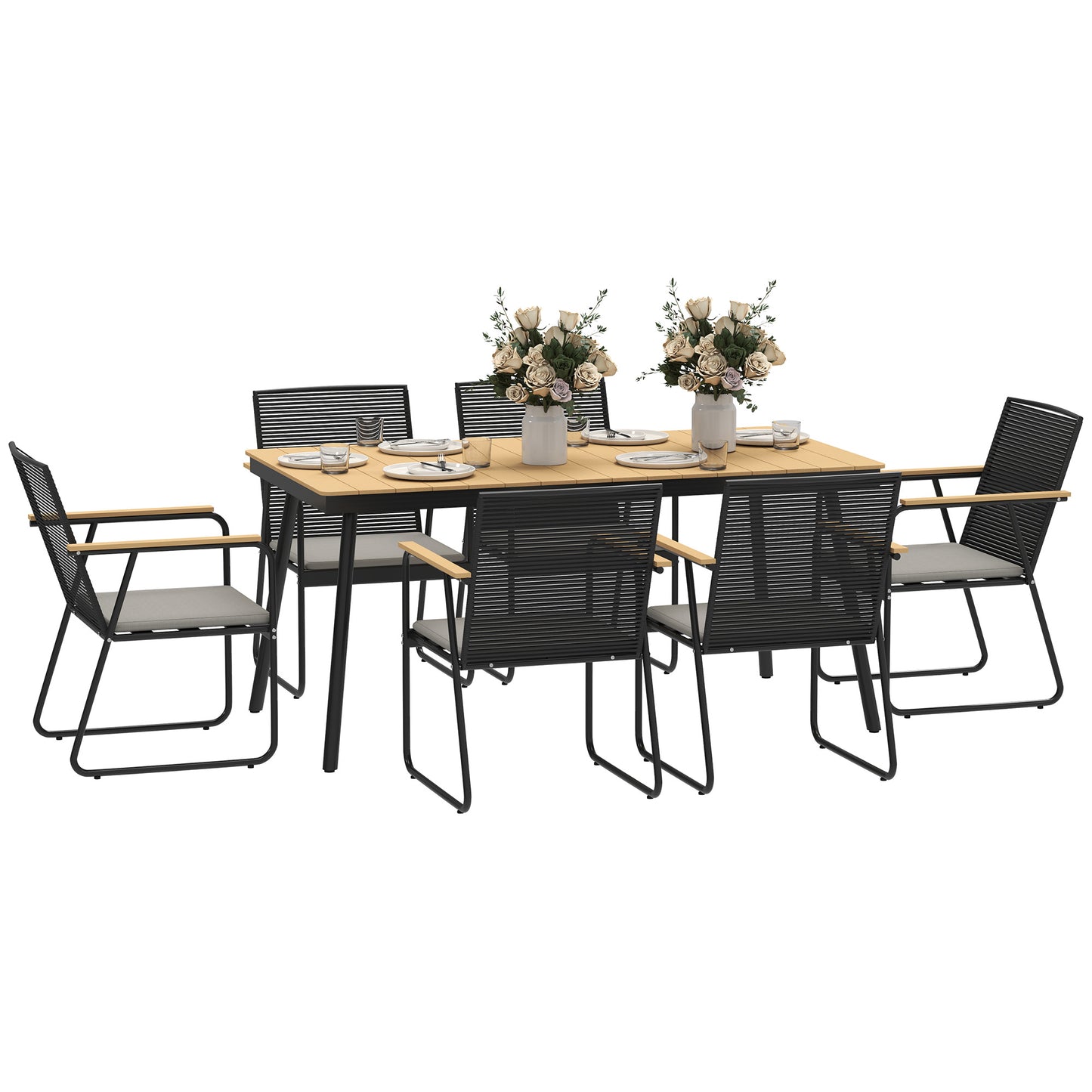 6‑Seater Garden Dining Set with Cushions, Rattan Backrest, Plastic Top, Garden Furniture Set, Natural Wood Finish