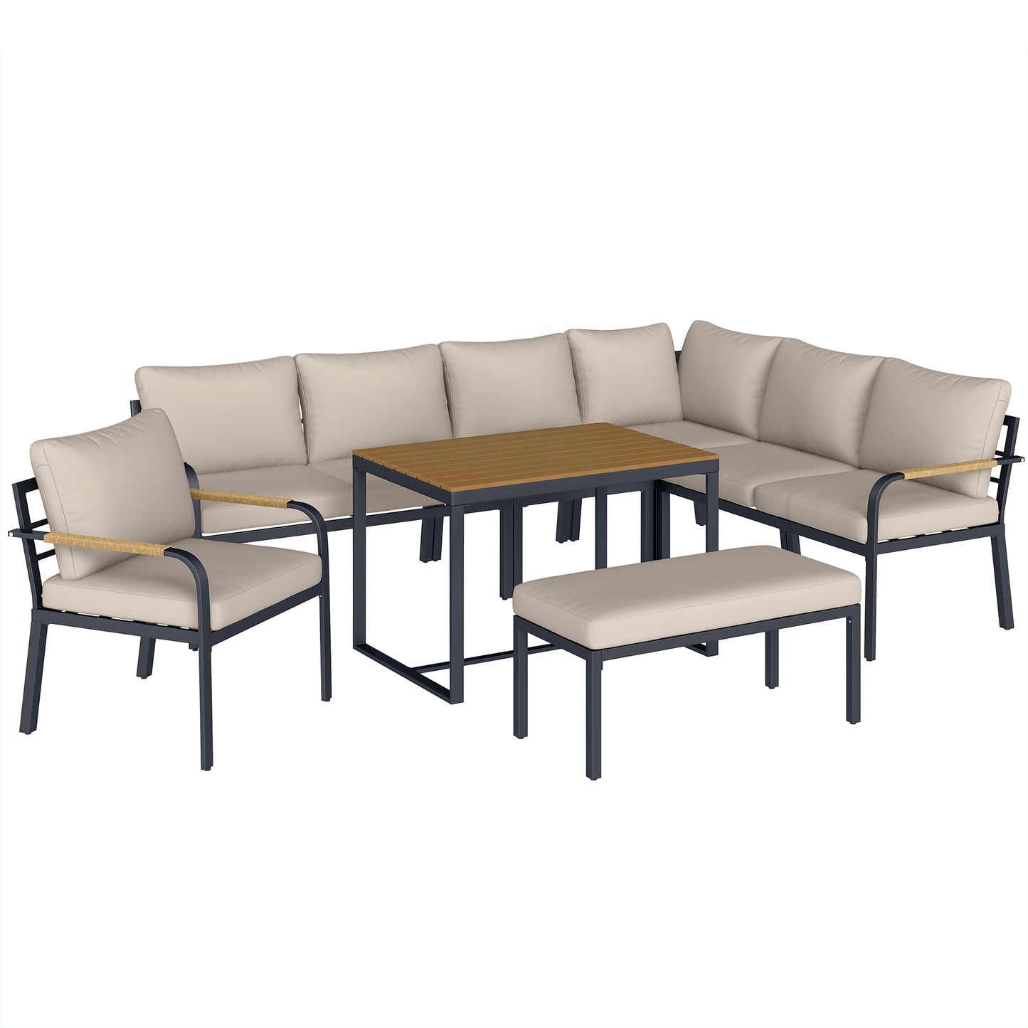 7 Seater Garden Furniture Set, Metal Garden Sofa Set with Cushions, Outdoor Furniture Conversation Sets, Khaki