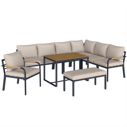 7 Seater Garden Furniture Set, Metal Garden Sofa Set with Cushions, Outdoor Furniture Conversation Sets, Khaki