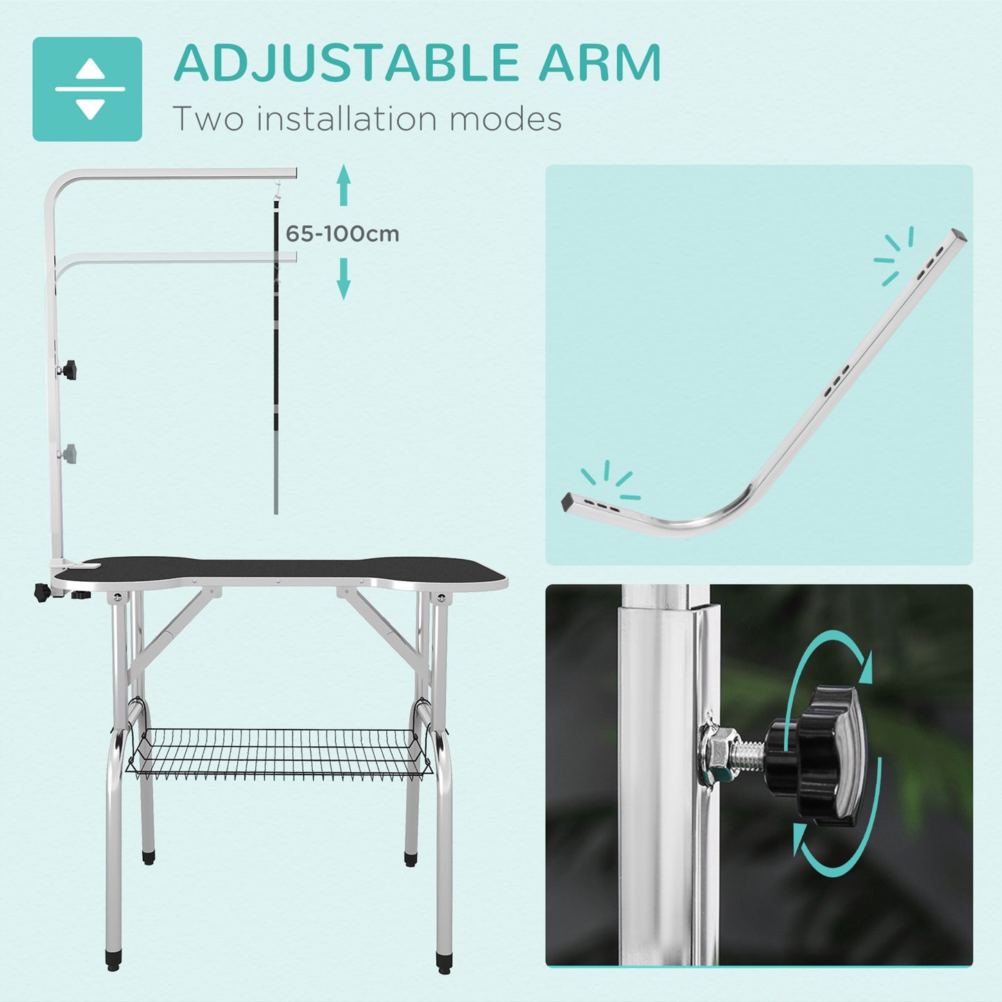 Foldable Dog Grooming Table Pet Drying Table with Adjustable Arm Non-Slip Rubber Tabletop Aluminium Alloy Edge Stainless Stee