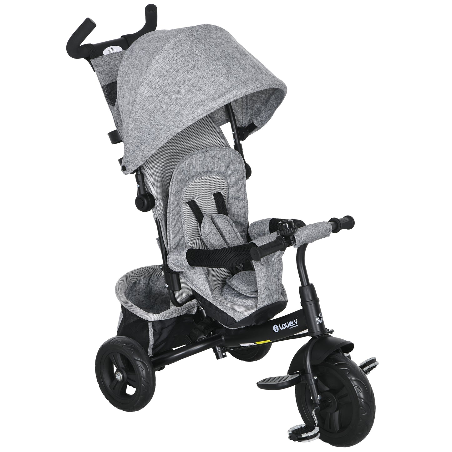6 in 1 Kids Trike with Parent Handle, Canopy, 5-point Seat Belt, Storage, Footrest, Brake, for 1-5 Years, Grey