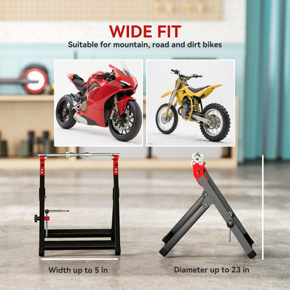 Foldable Motorcycle Wheel Balancer Truing Stand with Spoke Wrench, Steel Bike Tyre Rim Balancing Stand with Aluminium Shaft