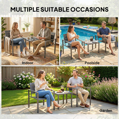 3 Pieces Garden Bistro Set for 2, Outdoor Bistro Table and Chairs with Metal Frame, Plastic Patio Furniture Set