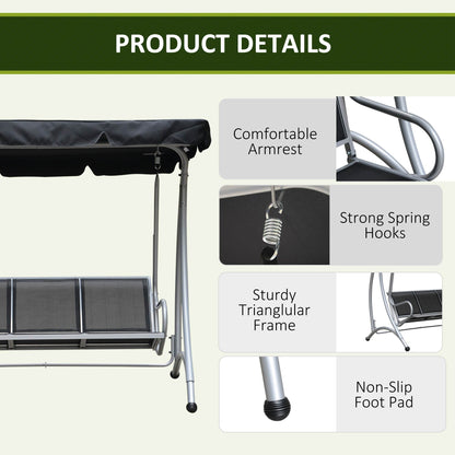 Three Person Steel Outdoor Porch Swing Chair Bench with Canopy Cover - Black