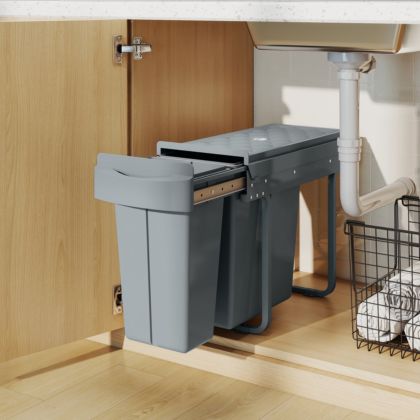 2 Removable Recycling, ContaineUnder-Sink Kitchen Trash Bin, Smooth Slide, Handle, Diamond Pattern Lid, Grey