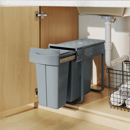 2 Removable Recycling, ContaineUnder-Sink Kitchen Trash Bin, Smooth Slide, Handle, Diamond Pattern Lid, Grey