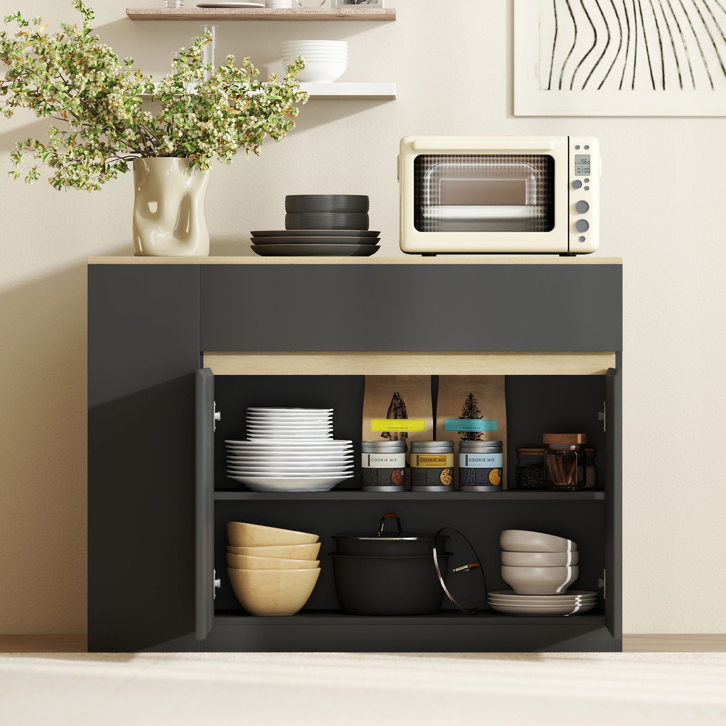 Kitchen Island, Storage Cabinet with Adjustable Shelf, 2 Drawers, 3 Open Shelves, Black