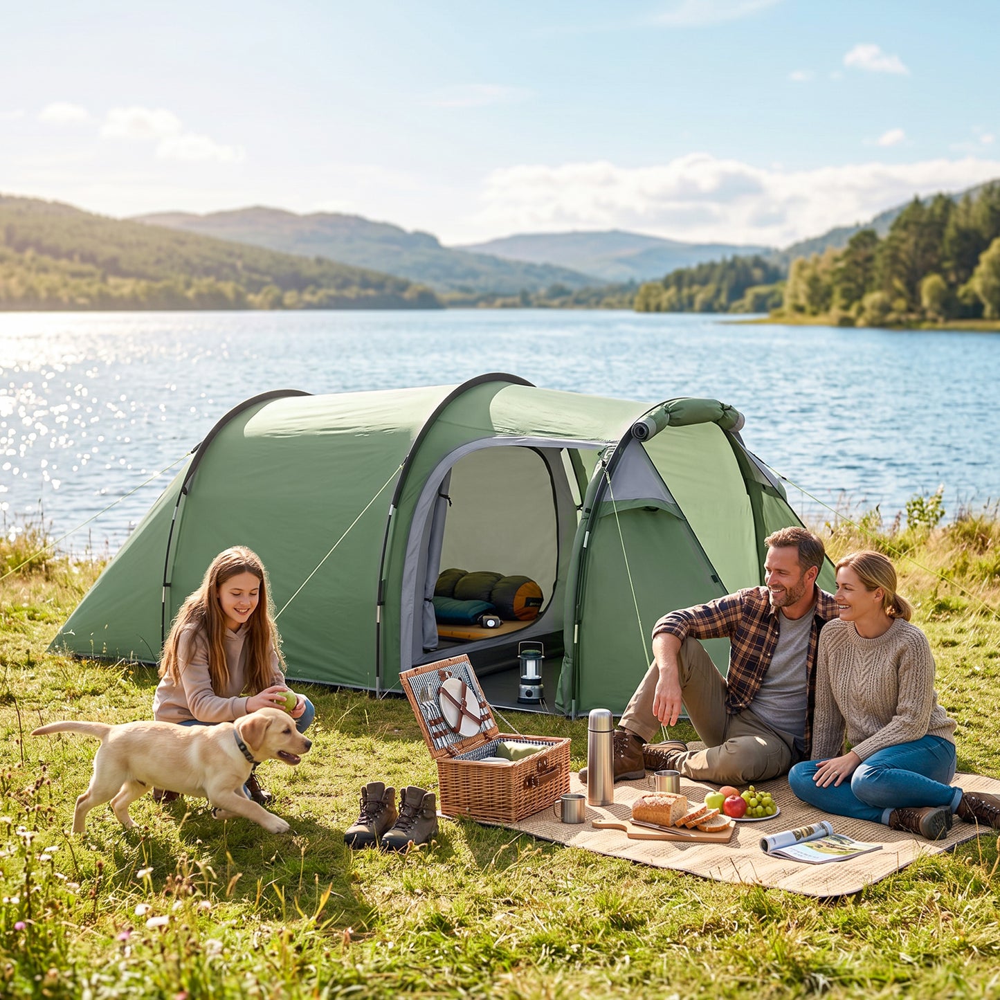 2 Man Tunnel Tent with Sewn-in Groundsheet, Air Vents, Rainfly, 2000mm Large Camping Tent with Bedroom, Porch