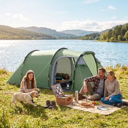 2 Man Tunnel Tent with Sewn-in Groundsheet, Air Vents, Rainfly, 2000mm Large Camping Tent with Bedroom, Porch