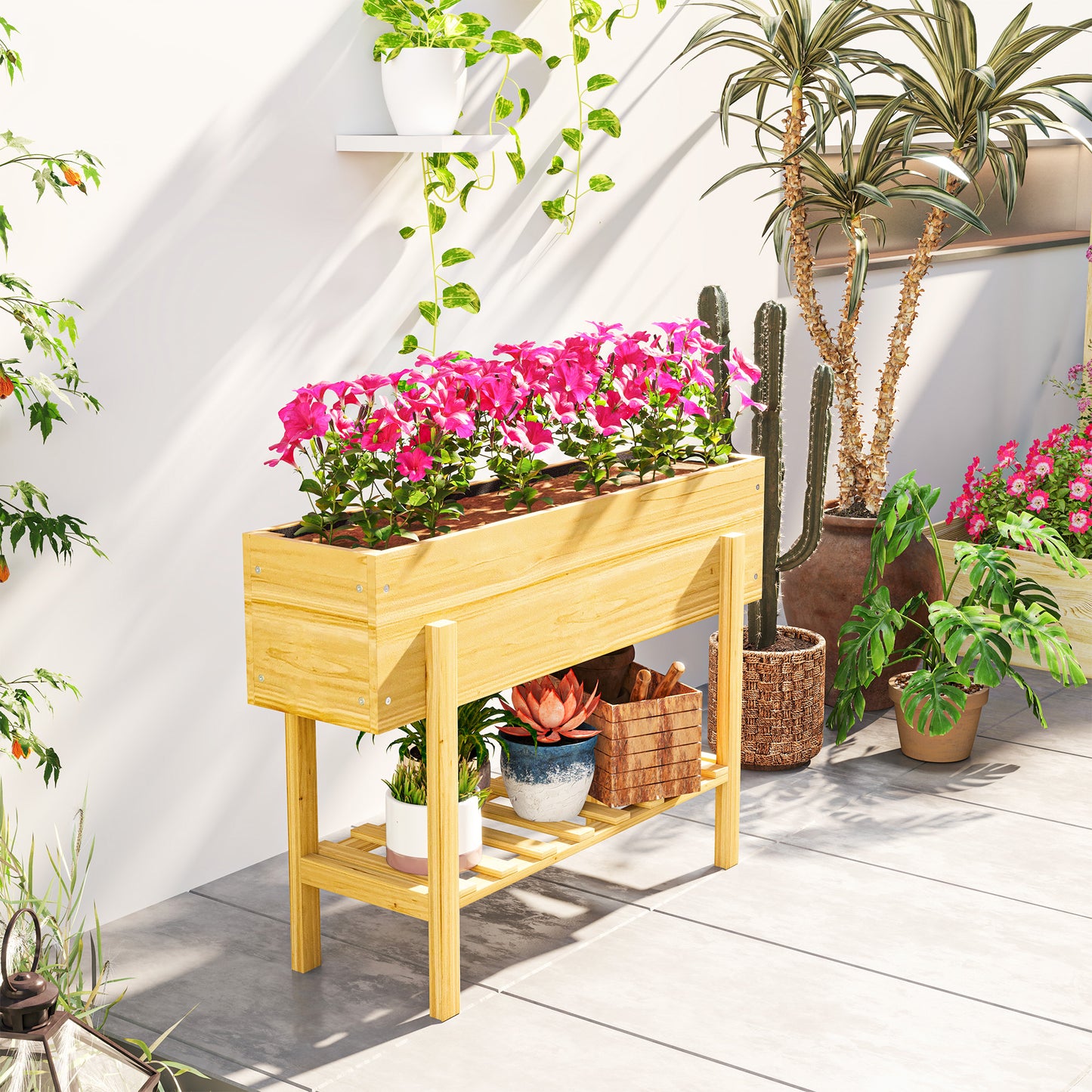 Wooden Raised Garden Bed, Elevated Planter Box with Bed Liner, Drainage Holes and Storage Shelf
