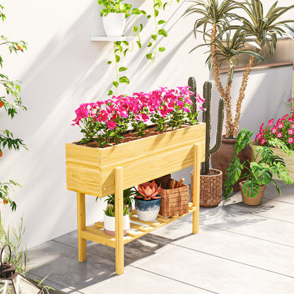 Wooden Raised Garden Bed, Elevated Planter Box with Bed Liner, Drainage Holes and Storage Shelf