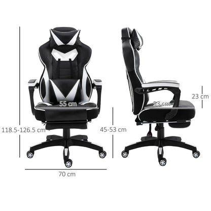 Computer Gaming Chair with Lumbar Support and Footrest - Black / White