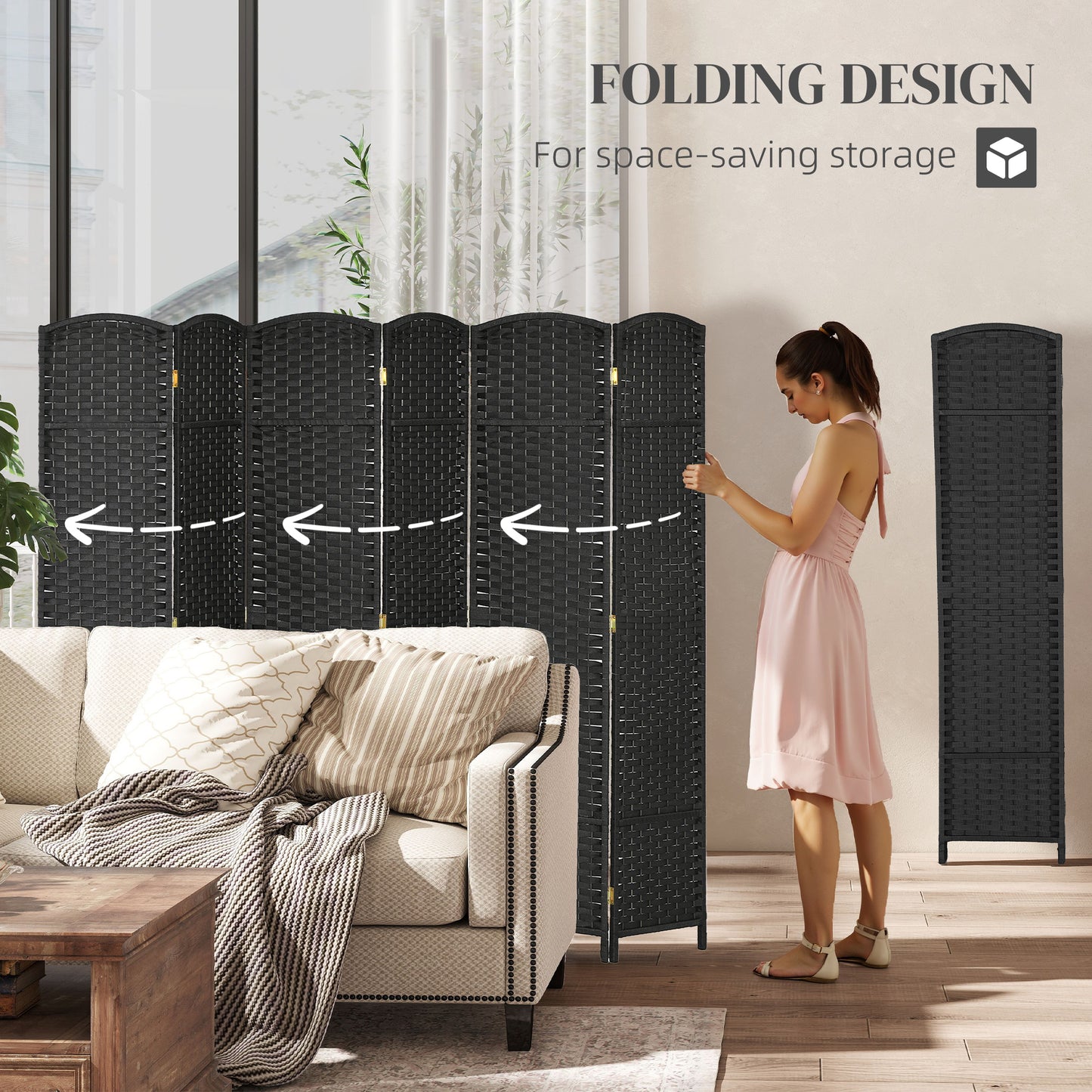 6 Panel Folding Room Divider, Freestanding Privacy Screen for Living Room, Bedroom and Office, 240 x 170cm, Black