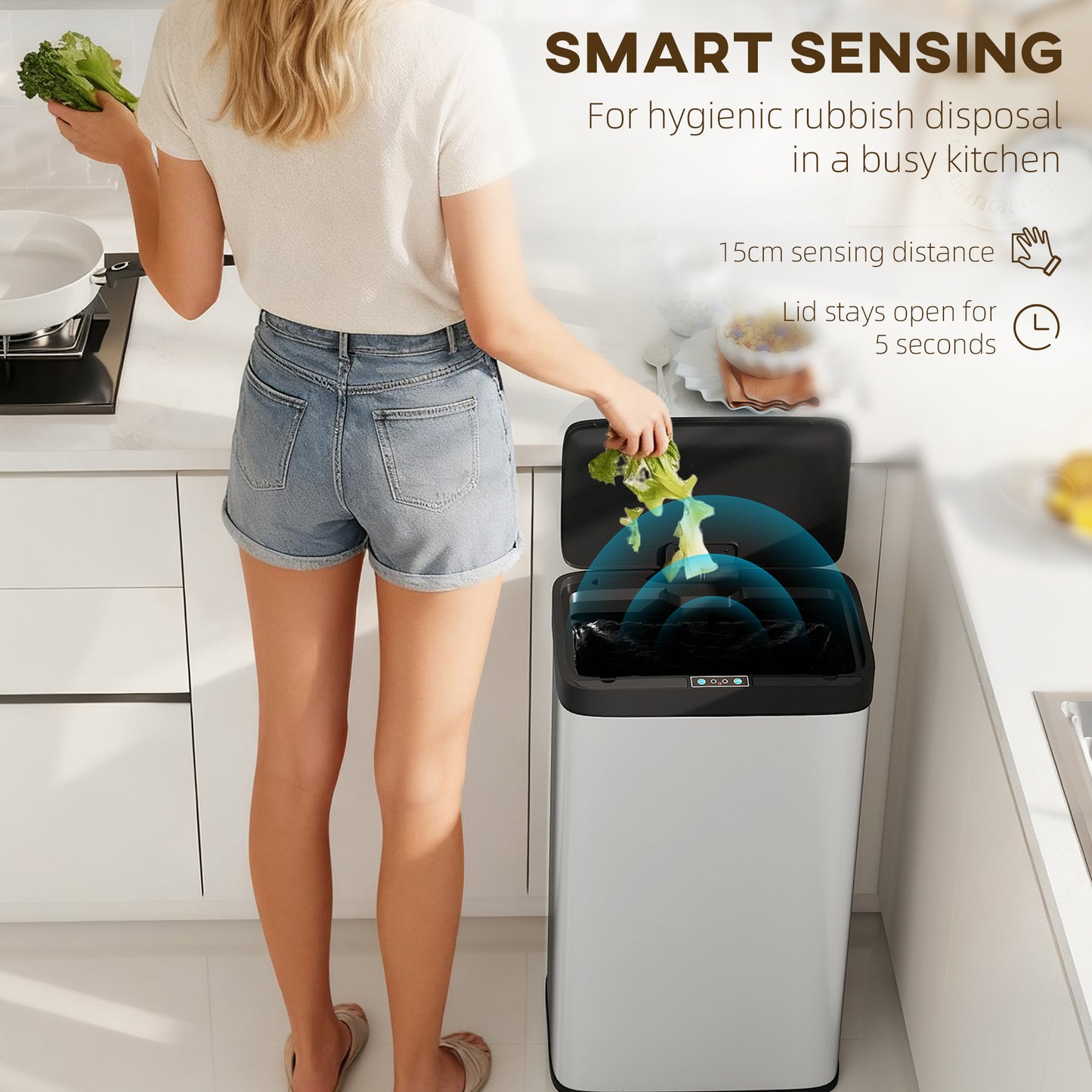 45L Stainless Steel Sensor Bin - Silver Tone