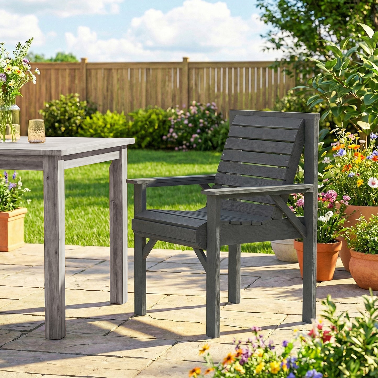 Wooden Garden Dining Chair, Outdoor Chair Garden Armchair with Curved Seat and Wide Armrests, Grey Embossed Finish