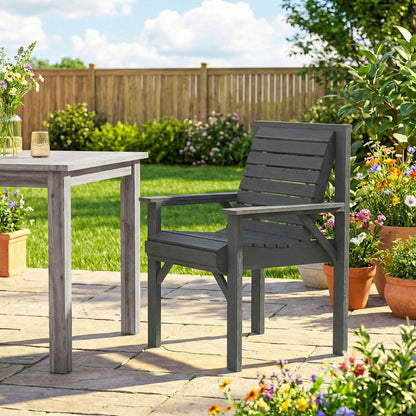 Wooden Garden Dining Chair, Outdoor Chair Garden Armchair with Curved Seat and Wide Armrests, Grey Embossed Finish