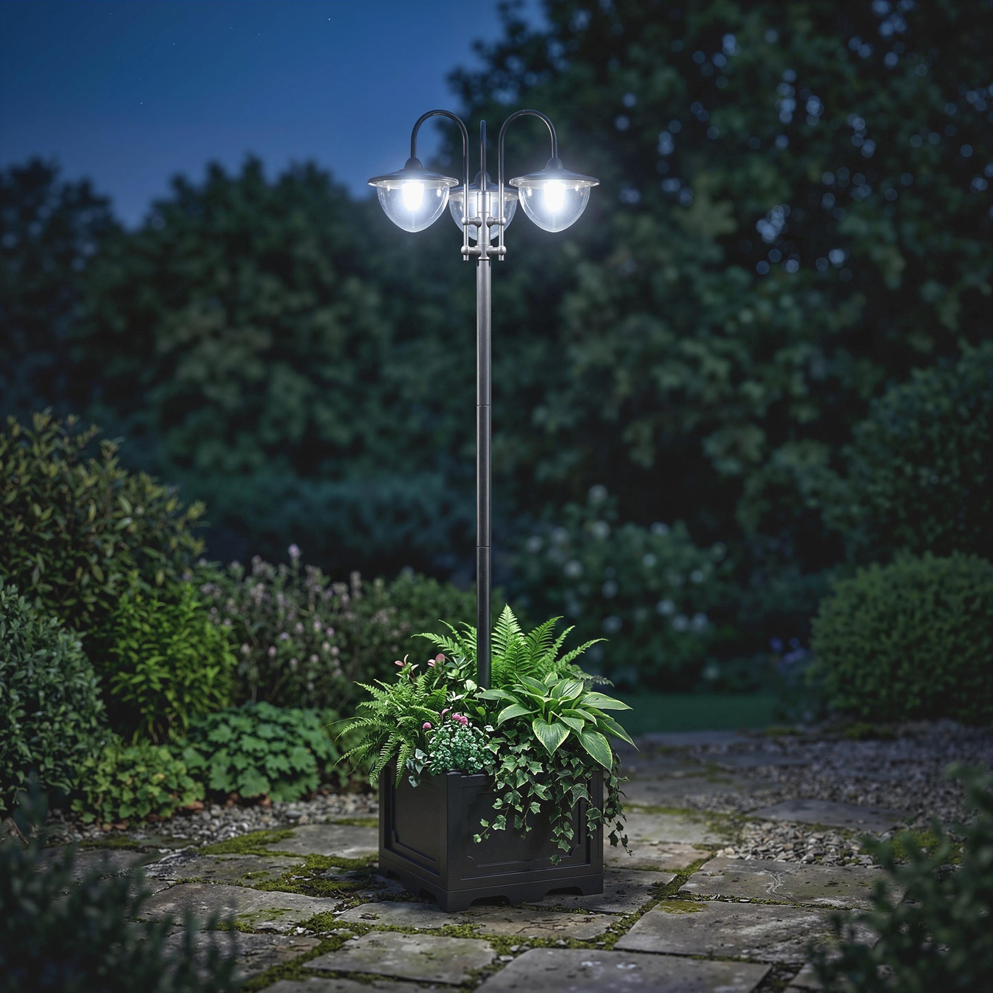 189cm 3-head Solar Lamp Post, Street Light with Planter, Automatic-on, 6 Hour Max Outdoor Ready LED Lighting, Black