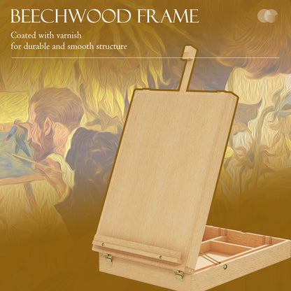 Wooden Table Easel Box Hold Canvas up to 61cm, Adjustable Beechwood Storage Table Box Easel