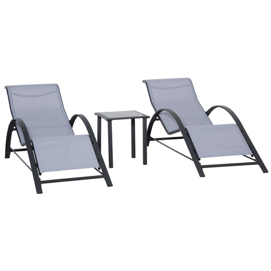 3 Pieces Lounge Chair Set Metal Frame Garden Outdoor Recliner Sunbathing Chair with Table, Light Grey